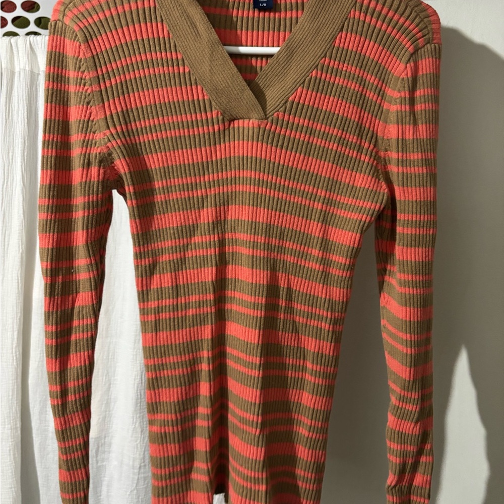 Basic Editions Coral and Brown Striped Knit Top
